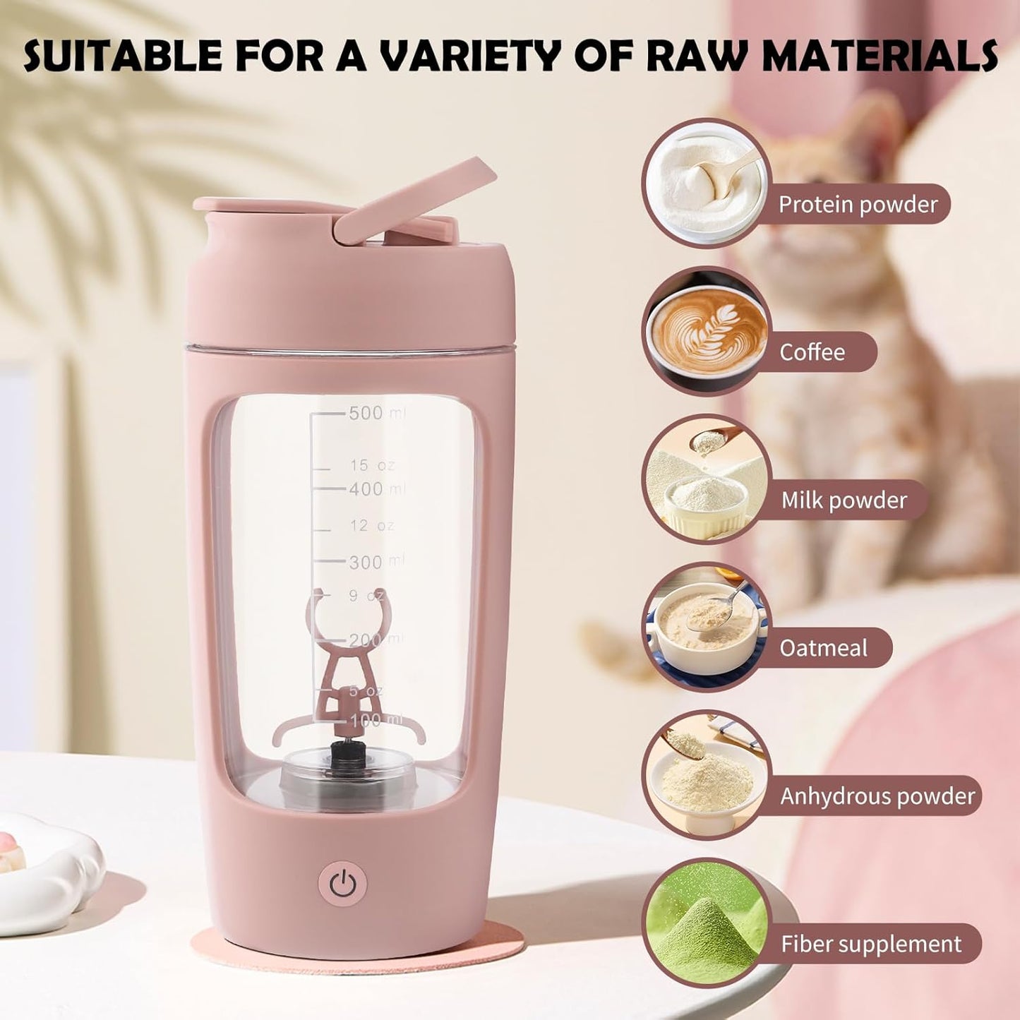 Shaker éléctrique, 650ml Bouteille de Shaker de Protéines avec Boîte à Poudre, Bouteille de Mélangeur de Shake de Protéines Rechargeable par USB avec Poignée pour Le Sport Et Le Fitness (Rose)
