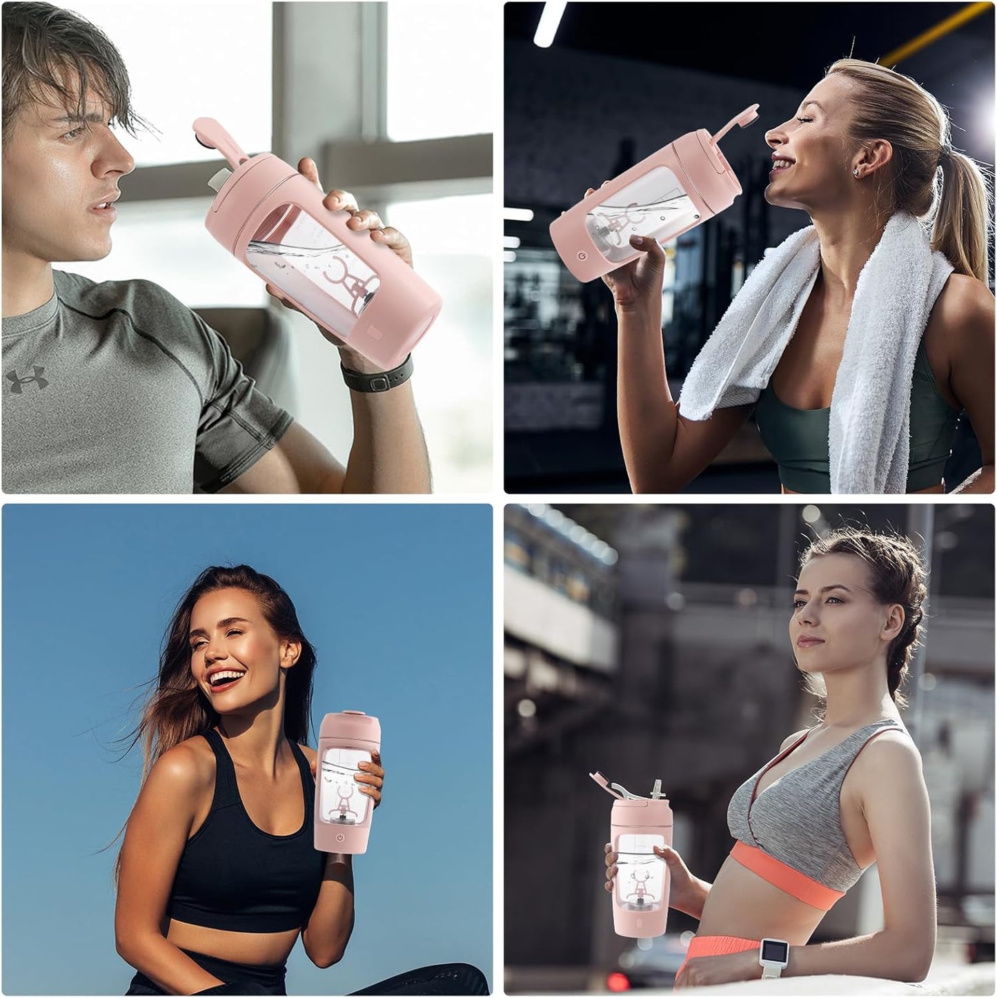 Shaker éléctrique, 650ml Bouteille de Shaker de Protéines avec Boîte à Poudre, Bouteille de Mélangeur de Shake de Protéines Rechargeable par USB avec Poignée pour Le Sport Et Le Fitness (Rose)
